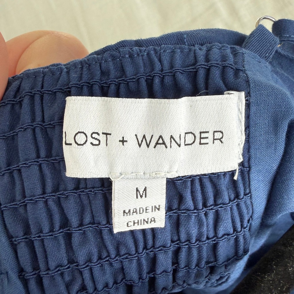 LOST + WANDER‎ Navy Blue White Trim Smocked Back Mini Dress Size Medium - Picture 6 of 9
